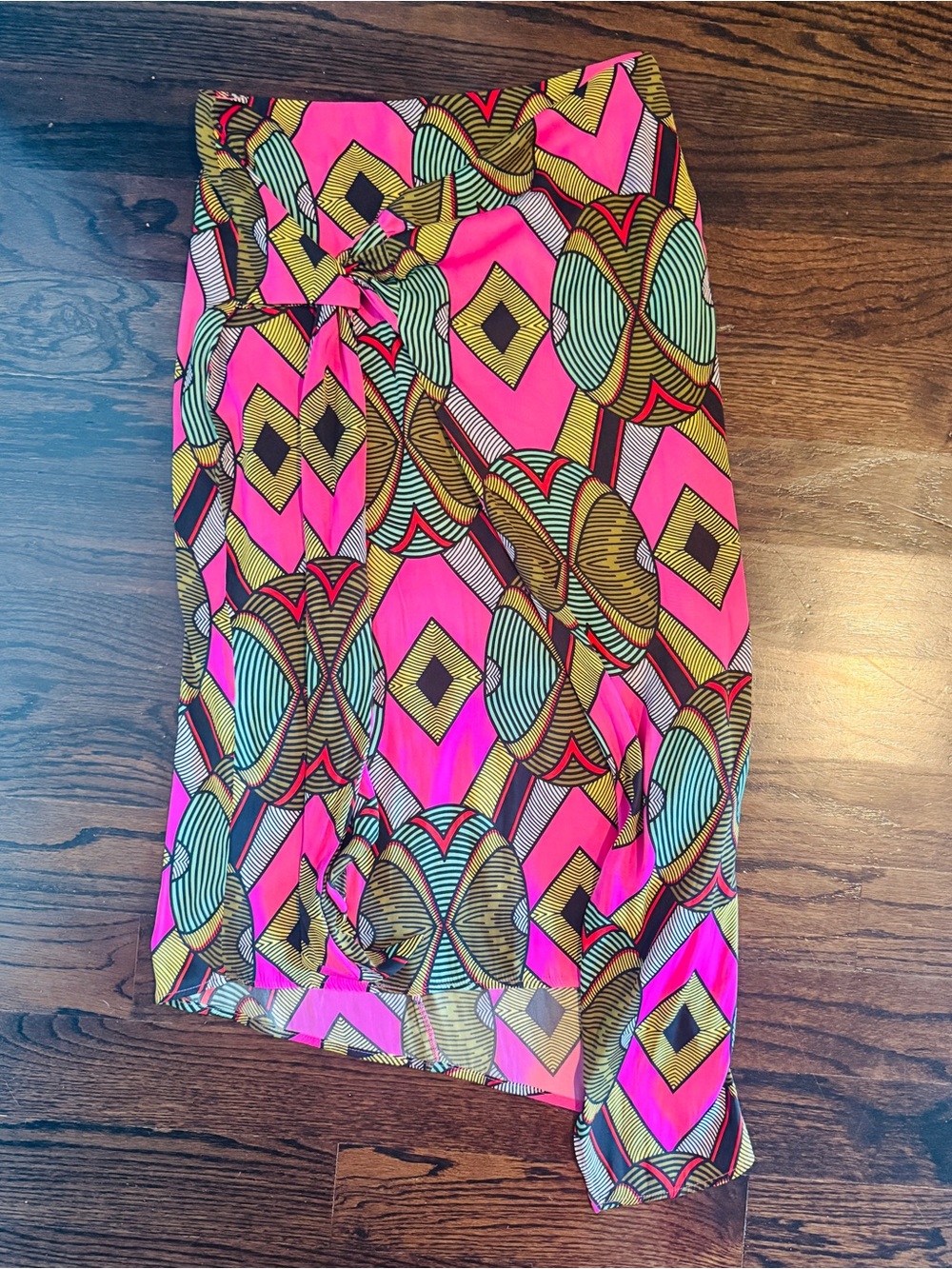 Essentiel Antwerp Asymmetrical Faux Wrap Skirt in Bright Pink Geometric Print